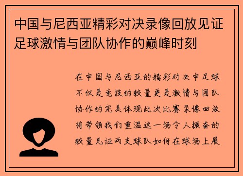 中国与尼西亚精彩对决录像回放见证足球激情与团队协作的巅峰时刻
