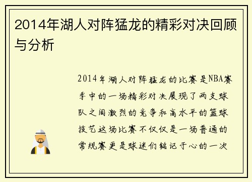 2014年湖人对阵猛龙的精彩对决回顾与分析