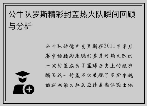 公牛队罗斯精彩封盖热火队瞬间回顾与分析