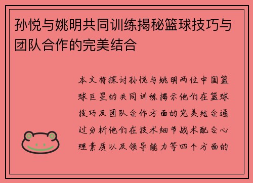 孙悦与姚明共同训练揭秘篮球技巧与团队合作的完美结合