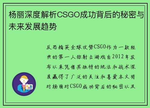 杨丽深度解析CSGO成功背后的秘密与未来发展趋势