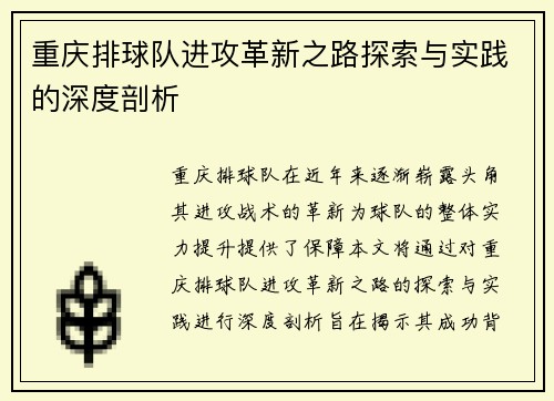 重庆排球队进攻革新之路探索与实践的深度剖析