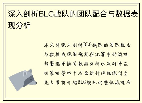 深入剖析BLG战队的团队配合与数据表现分析