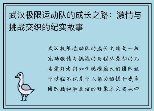 武汉极限运动队的成长之路：激情与挑战交织的纪实故事